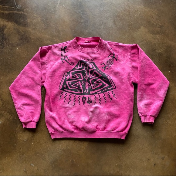 Dagoli Sweaters - VTG 90s Dagoli Pink Ancient Cave Art Tie Dye All Over Print Baggy Crewneck